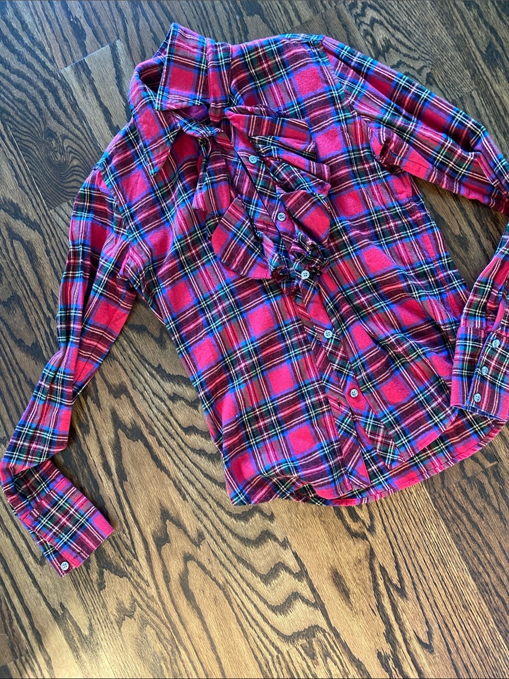 Women’s Red Plaid Ruffle Button-Down Shirt